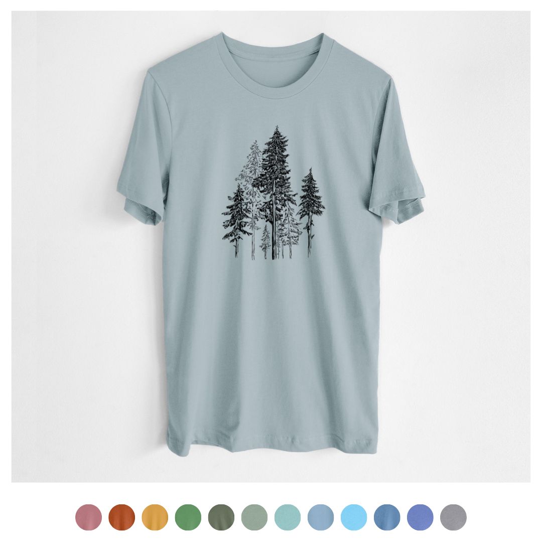 Unisex light blue 100% cotton t-shirt with pine tree graphic illustration and color swatches.