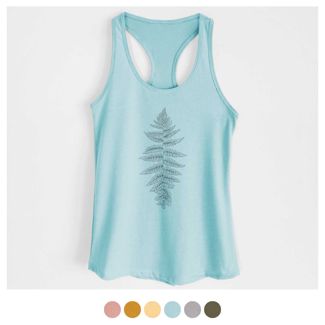 Women's light blue racerback tank top featuring a central fern leaf illustration, with color swatches shown below.