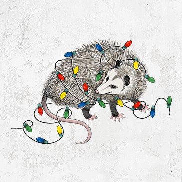 Hand-drawn illustration of an opossum tangled in Christmas lights, festive opossum t-shirt design