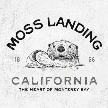 Line art illustration of a sea otter floating on its back with Moss Landing California text on graphic tees, hoodies, and apparel.