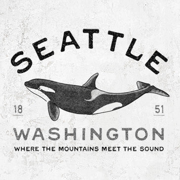 Line art illustration of an orca swimming with Seattle Washington text on graphic tees, hoodies, and apparel.