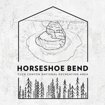 Hand-drawn black ink illustration of Horseshoe Bend near Grand Canyon in hexagonal frame with pine trees