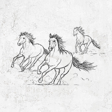 Hand-drawn black ink illustration of three wild horses running