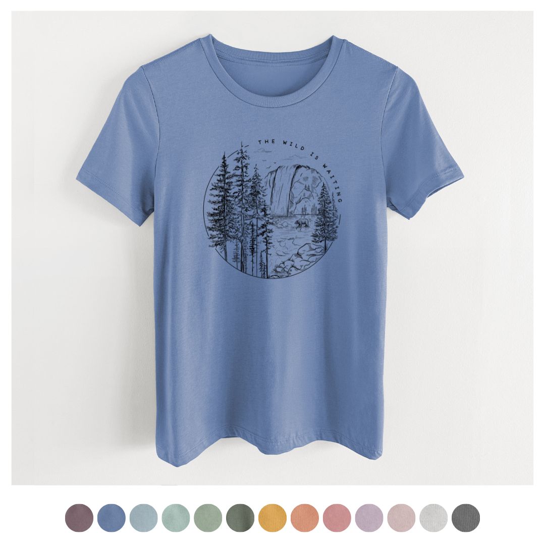 Women's lightweight relaxed fit cotton crewneck t-shirt in blue showing available color swatches.