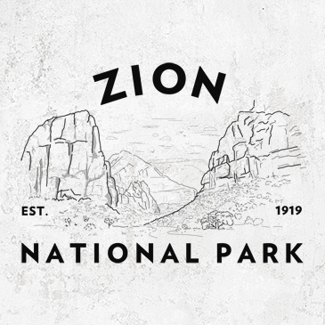 A collection of four minimalist Zion National Park designs: The Narrows, Angels Landing, Wildlife of Zion, and a classic landscape scene.