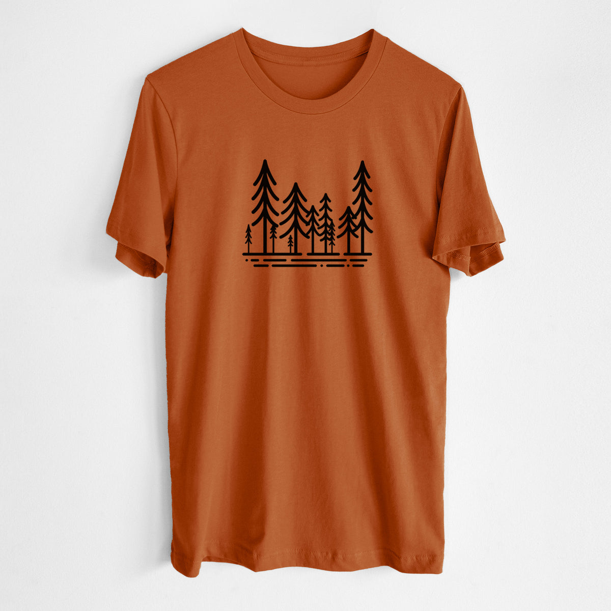 Autumn lightweight cotton t-shirt laid flat, printed with bold black line art of ten simple pine trees above horizontal lines.