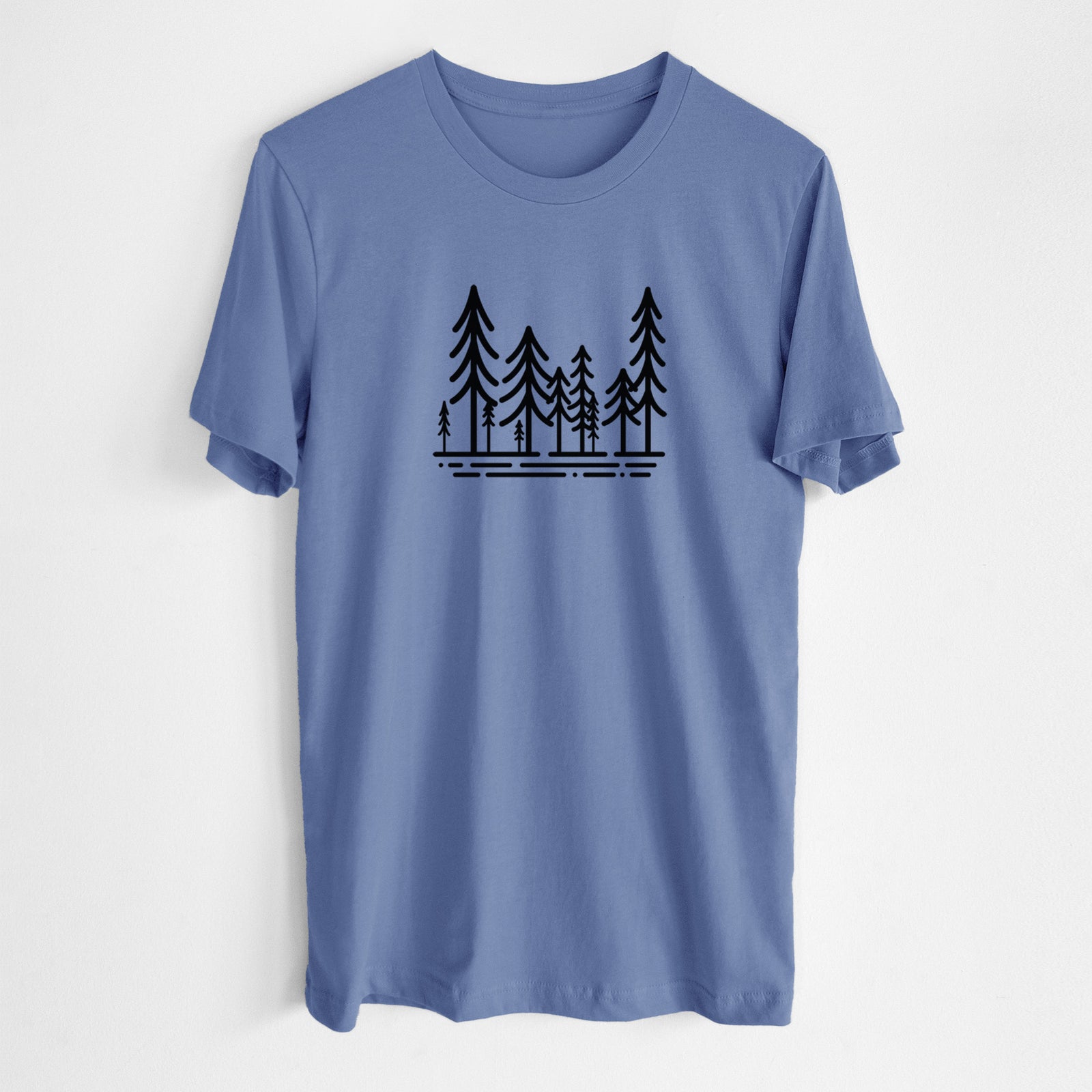 Blue bell lightweight cotton t-shirt laid flat, printed with bold black line art of ten simple pine trees above horizontal lines.