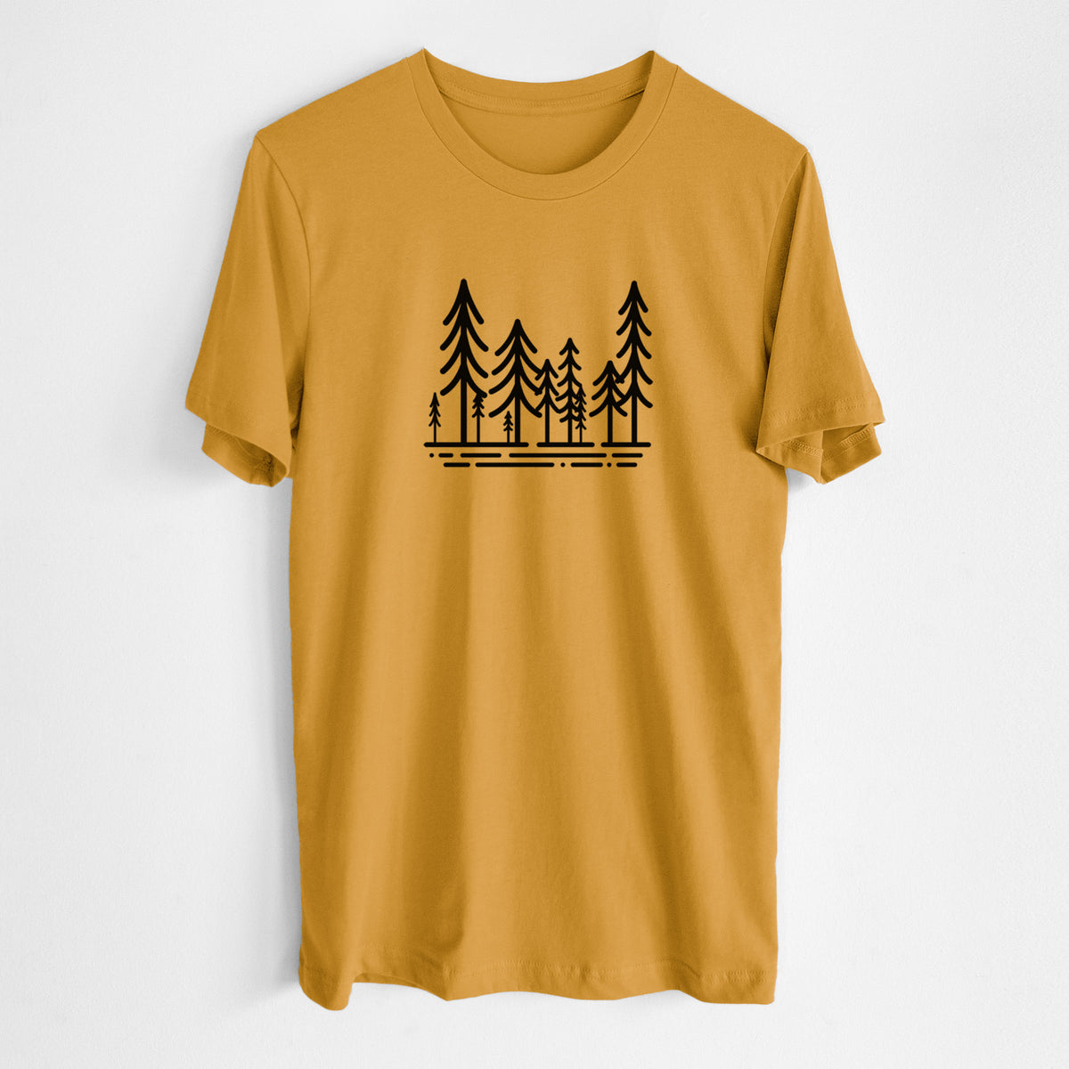 Honeycomb yellow lightweight cotton t-shirt laid flat, printed with bold black line art of ten simple pine trees above horizontal lines.