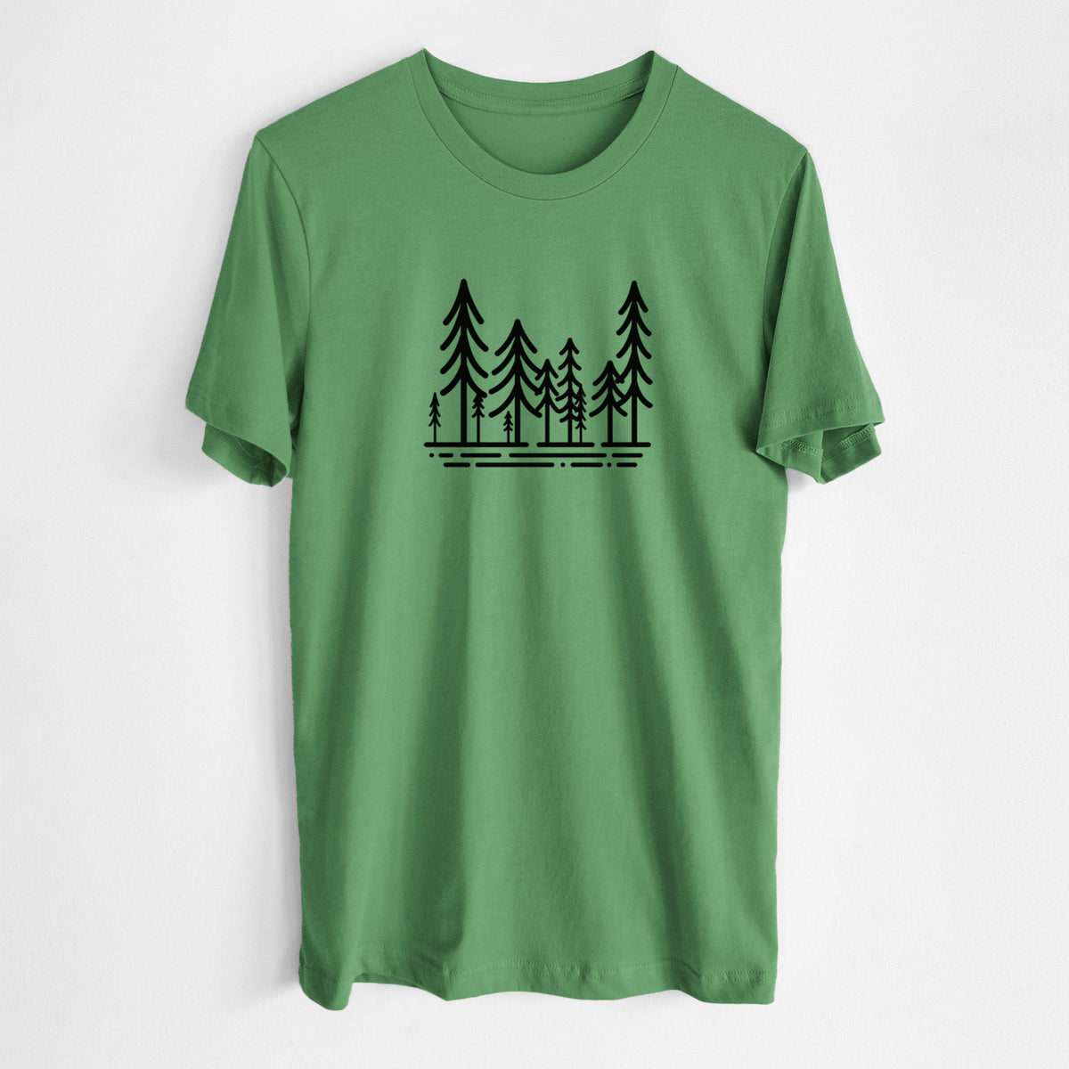 Leaf green lightweight cotton t-shirt laid flat, printed with bold black line art of ten simple pine trees above horizontal lines.