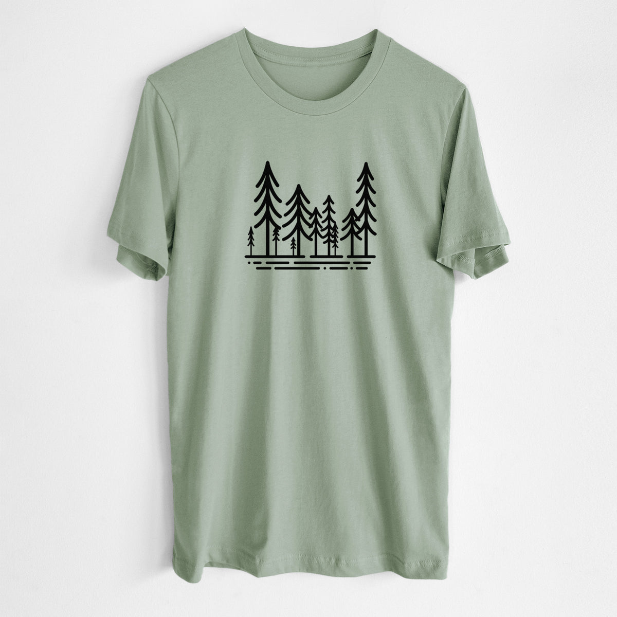 Sage green lightweight cotton t-shirt laid flat, printed with bold black line art of ten simple pine trees above horizontal lines.