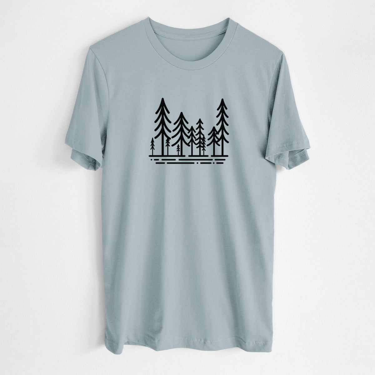 Vintage denim lightweight cotton t-shirt laid flat, printed with bold black line art of ten simple pine trees above horizontal lines.