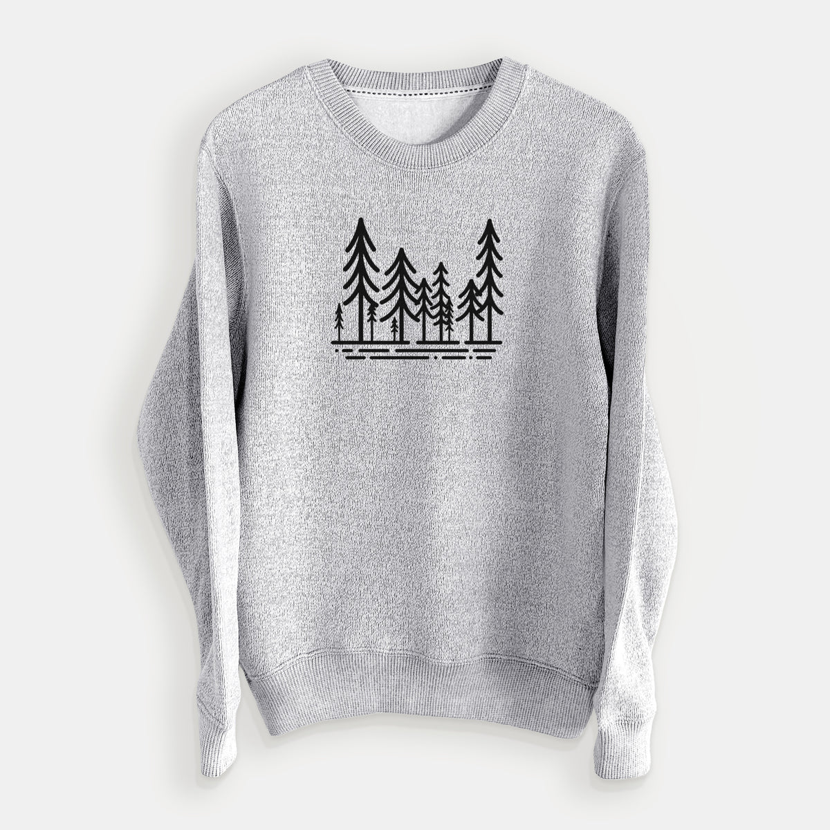 Salt and pepper knit sweatshirt laid flat, printed with bold black line art of ten simple pine trees above horizontal lines.