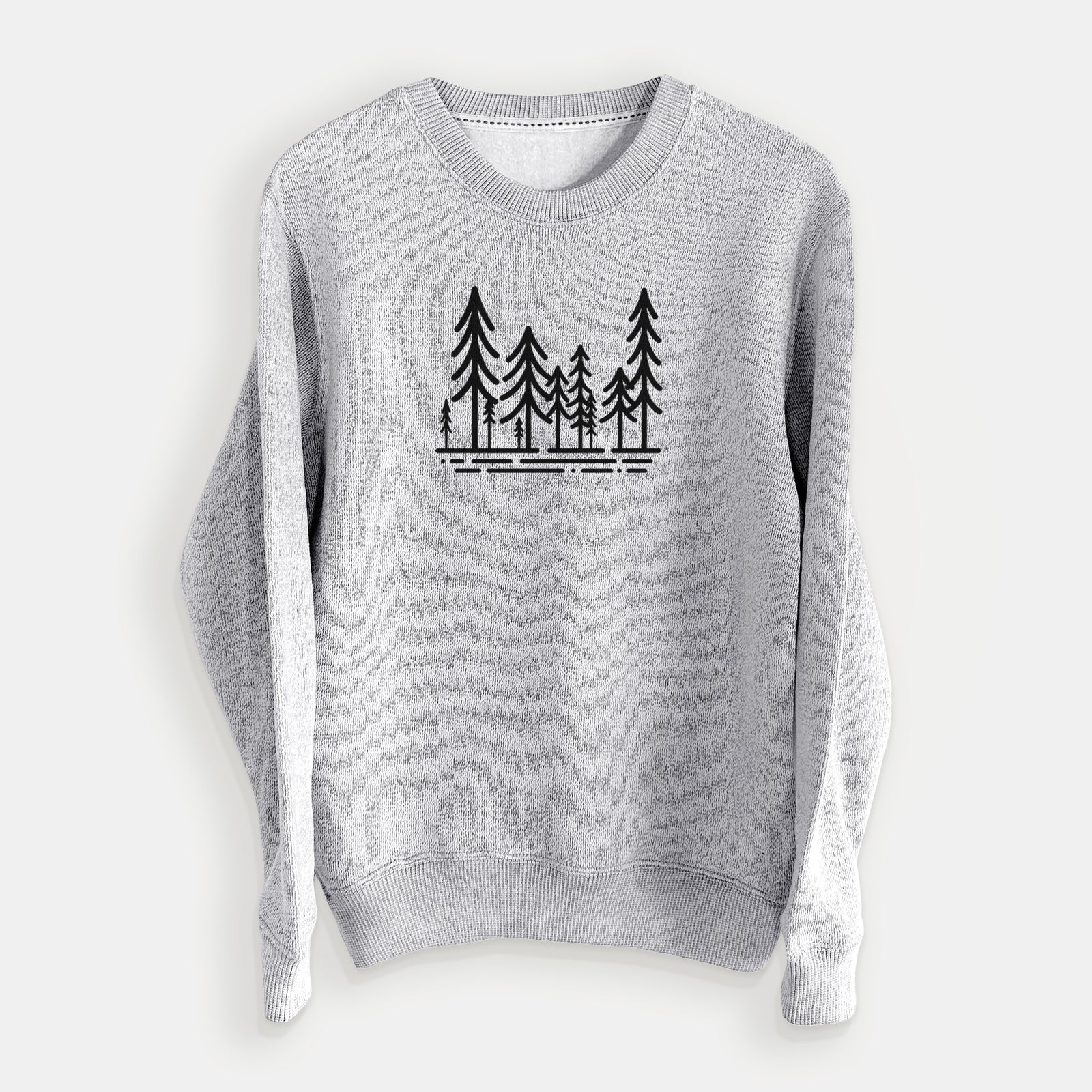 Salt and pepper knit sweatshirt laid flat, printed with bold black line art of ten simple pine trees above horizontal lines.