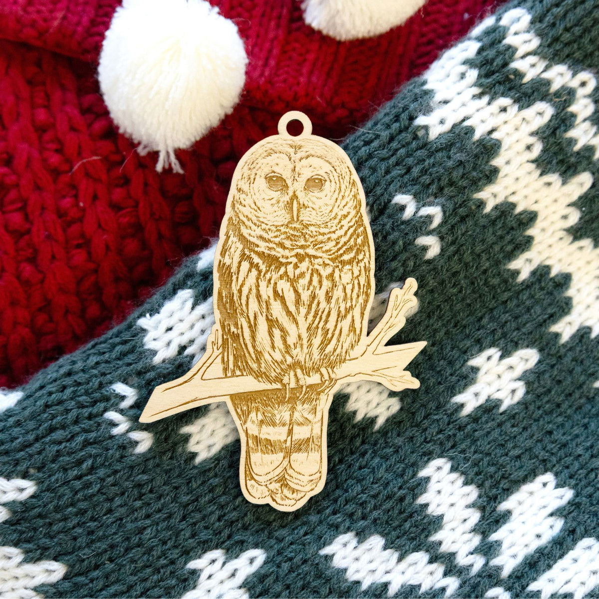 Product photo of the BeCause Tees Barred Owl Wooden Ornament.