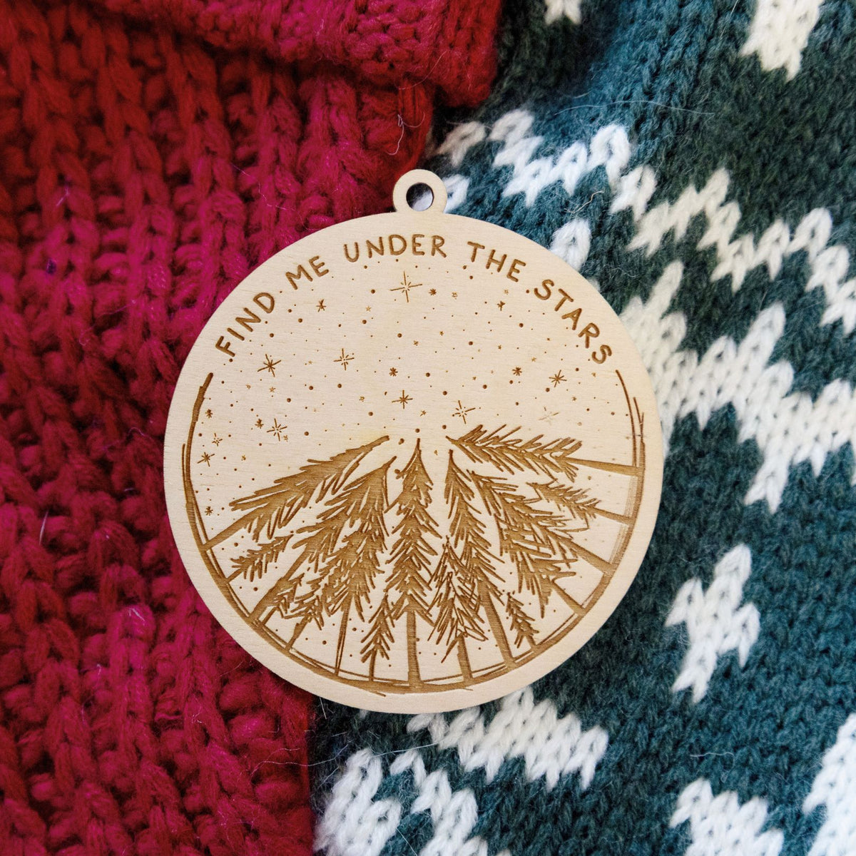 Product photo of the BeCause Tees Find Me Under the Stars Wooden Ornament.