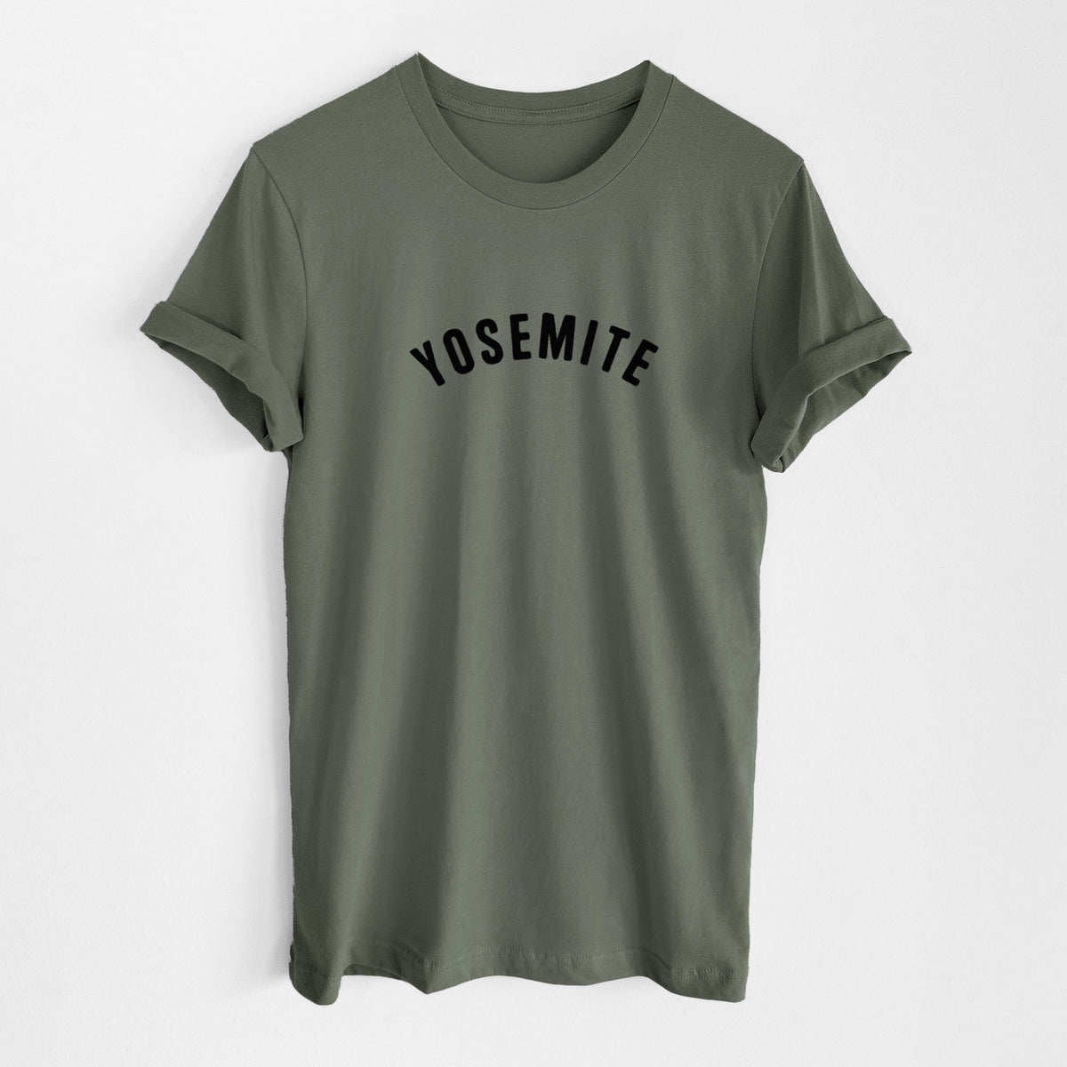 Military green lightweight cotton t-shirt laid flat, printed with the word Yosemite in bold black letters arched across the chest.