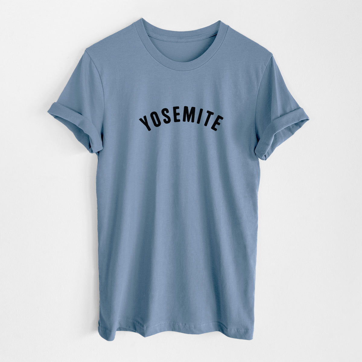 Steel blue lightweight cotton t-shirt laid flat, printed with the word Yosemite in bold black letters arched across the chest.