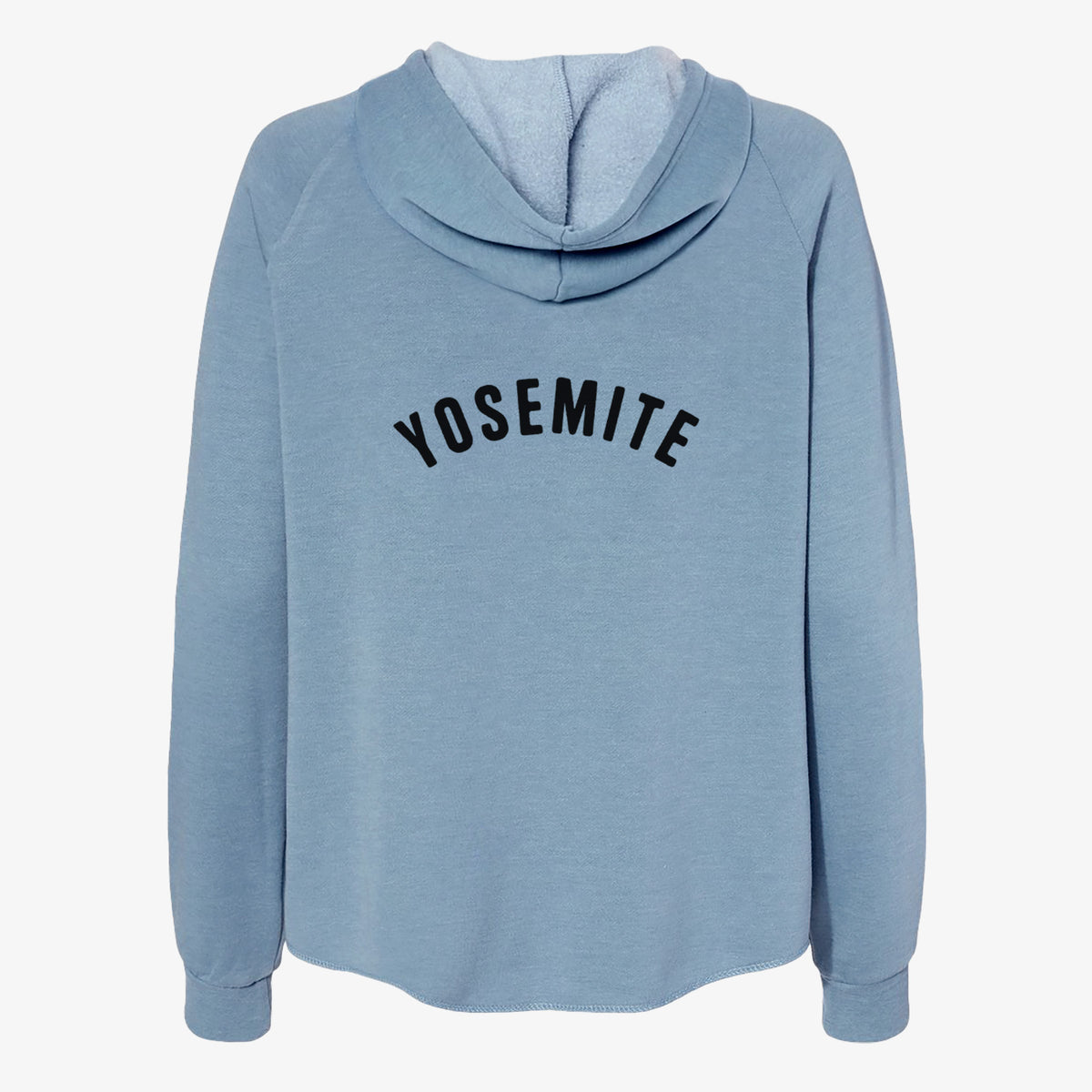 Misty blue women's Cali Wave zip-up sweatshirt laid flat, printed with the word Yosemite in bold black letters arched across the chest.