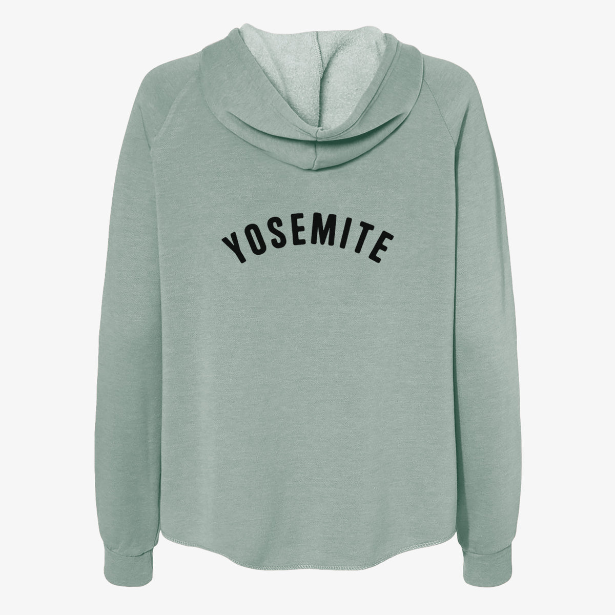 Sage green women's Cali Wave zip-up sweatshirt laid flat, printed with the word Yosemite in bold black letters arched across the chest.