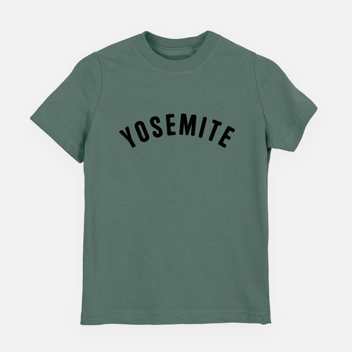 Basil green youth t-shirt laid flat, printed with the word Yosemite in bold black letters arched across the chest.