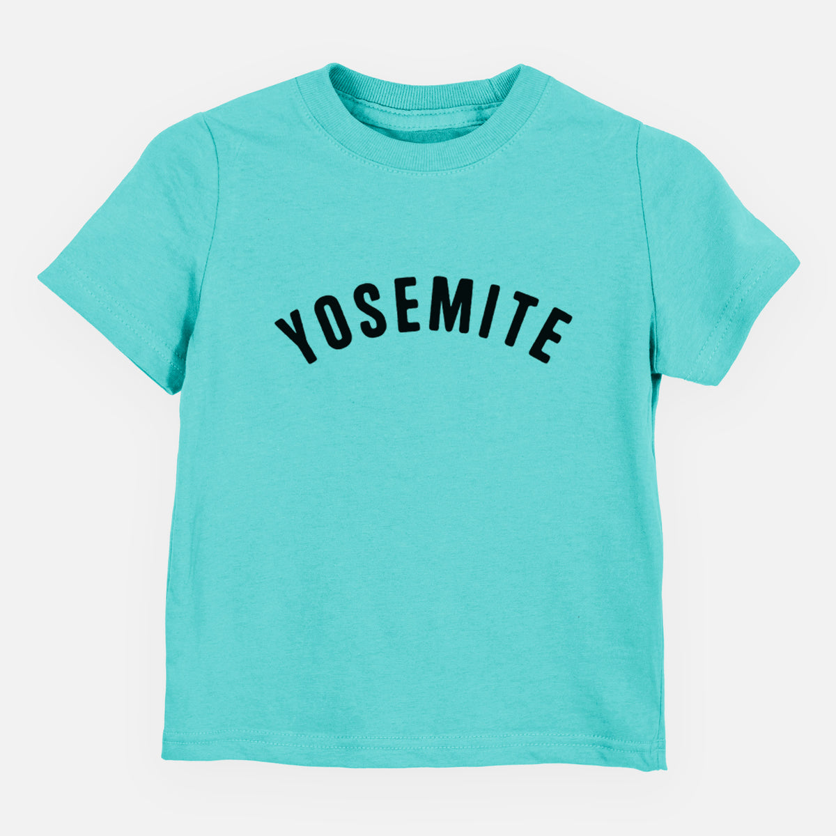 Caribbean blue toddler t-shirt laid flat, printed with the word Yosemite in bold black letters arched across the chest.