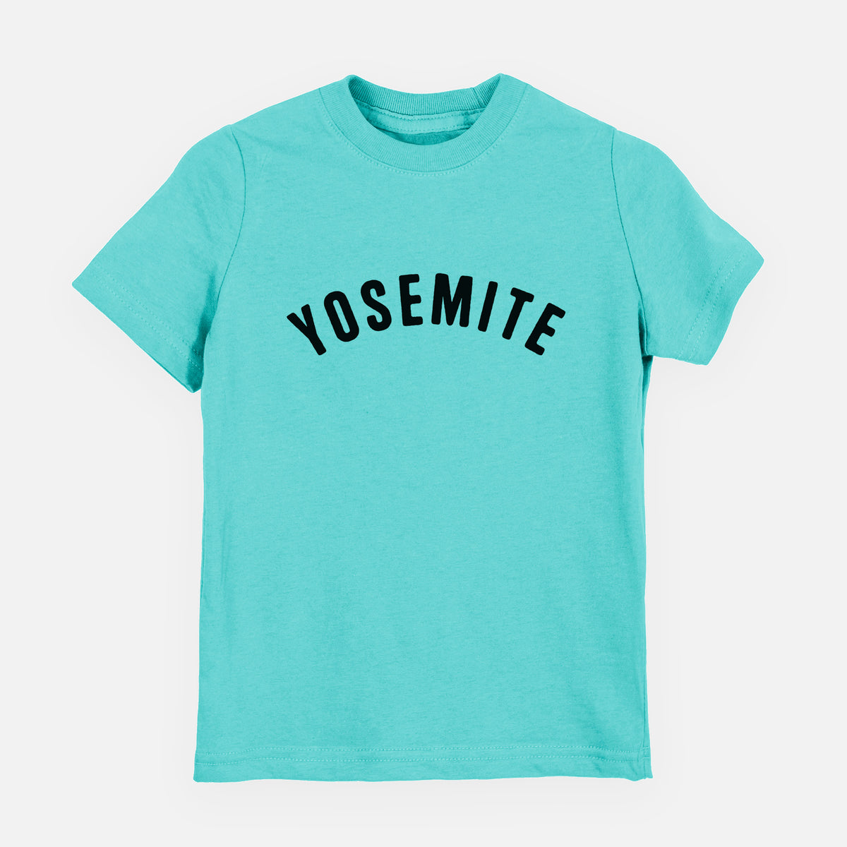 Caribbean blue youth t-shirt laid flat, printed with the word Yosemite in bold black letters arched across the chest.