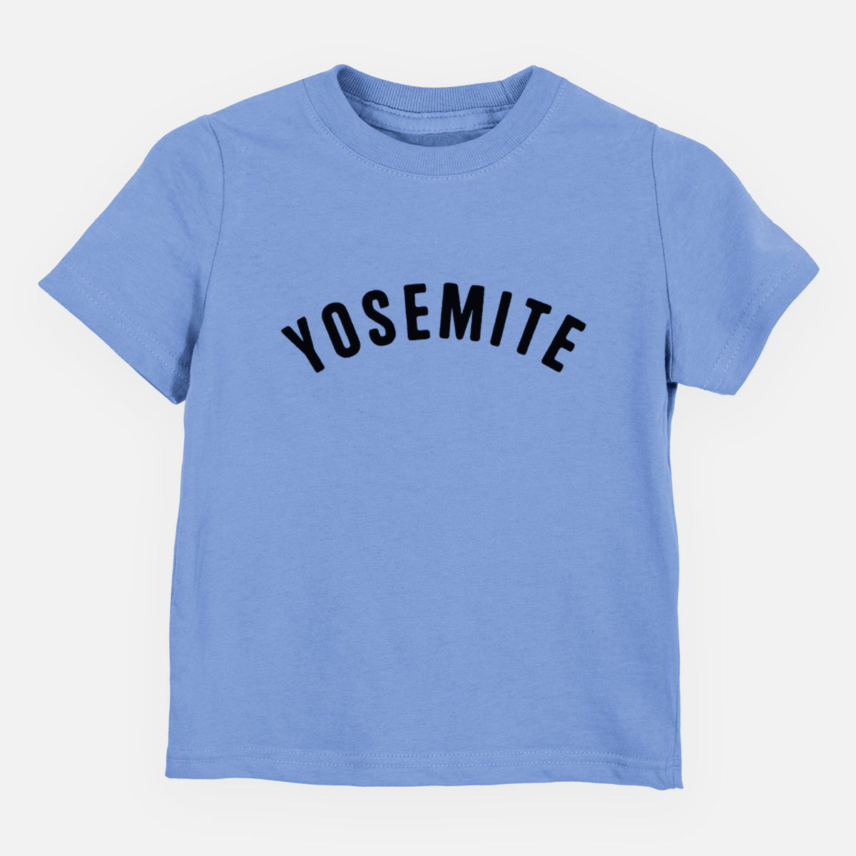 Carolina blue toddler t-shirt laid flat, printed with the word Yosemite in bold black letters arched across the chest.