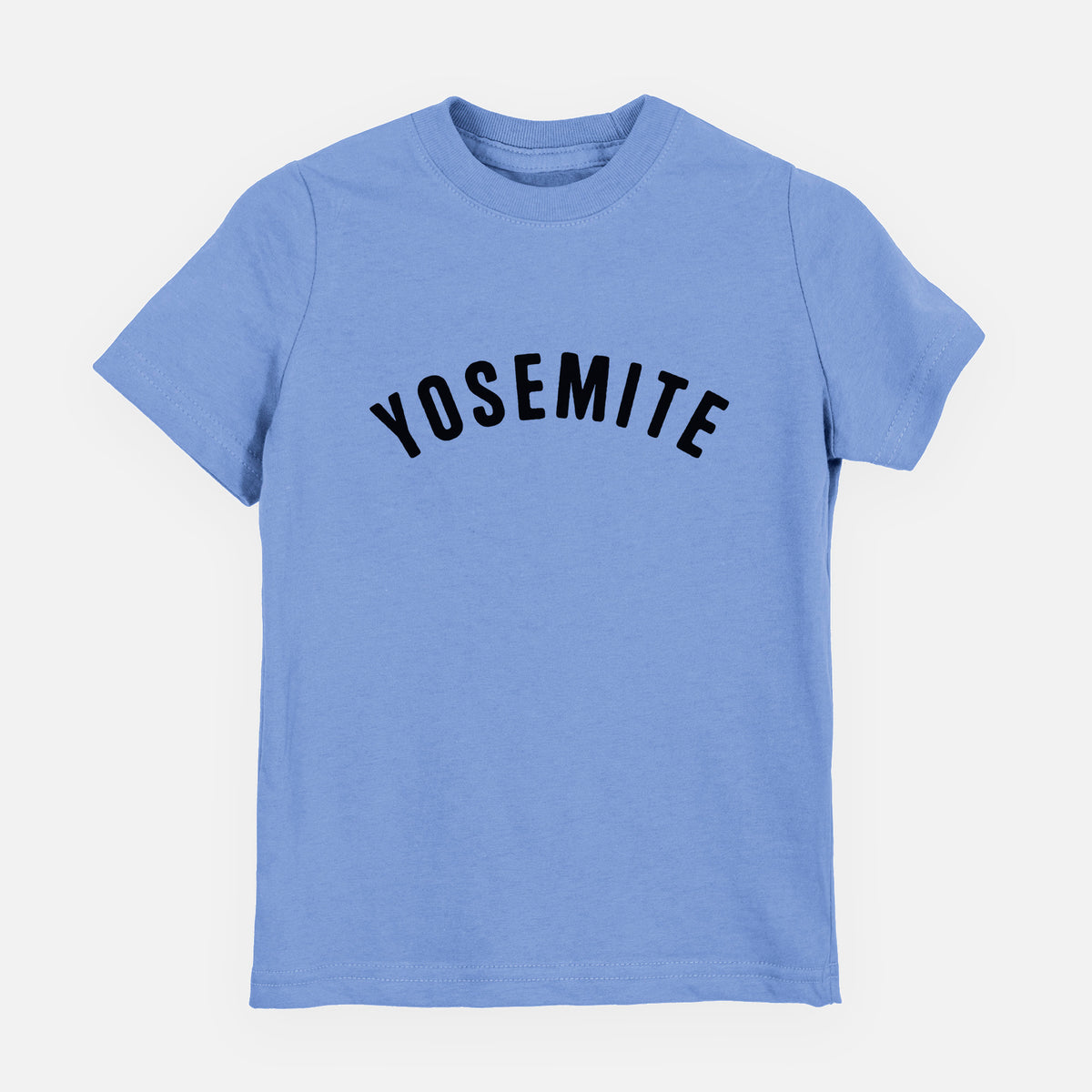 Carolina blue youth t-shirt laid flat, printed with the word Yosemite in bold black letters arched across the chest.
