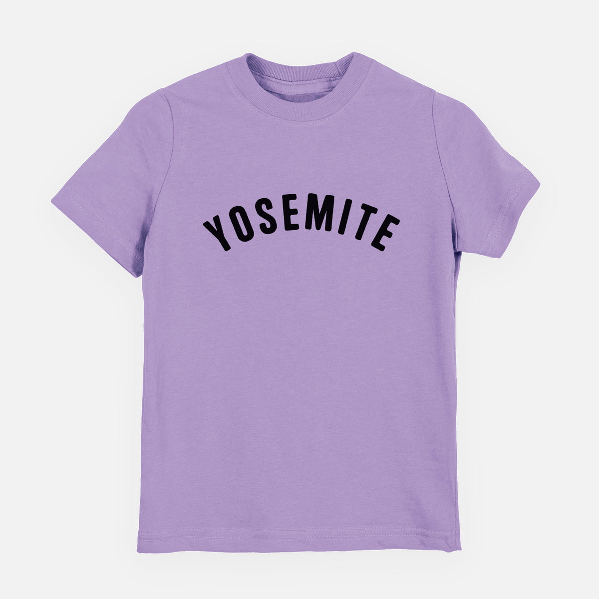 Lavender youth t-shirt laid flat, printed with the word Yosemite in bold black letters arched across the chest.