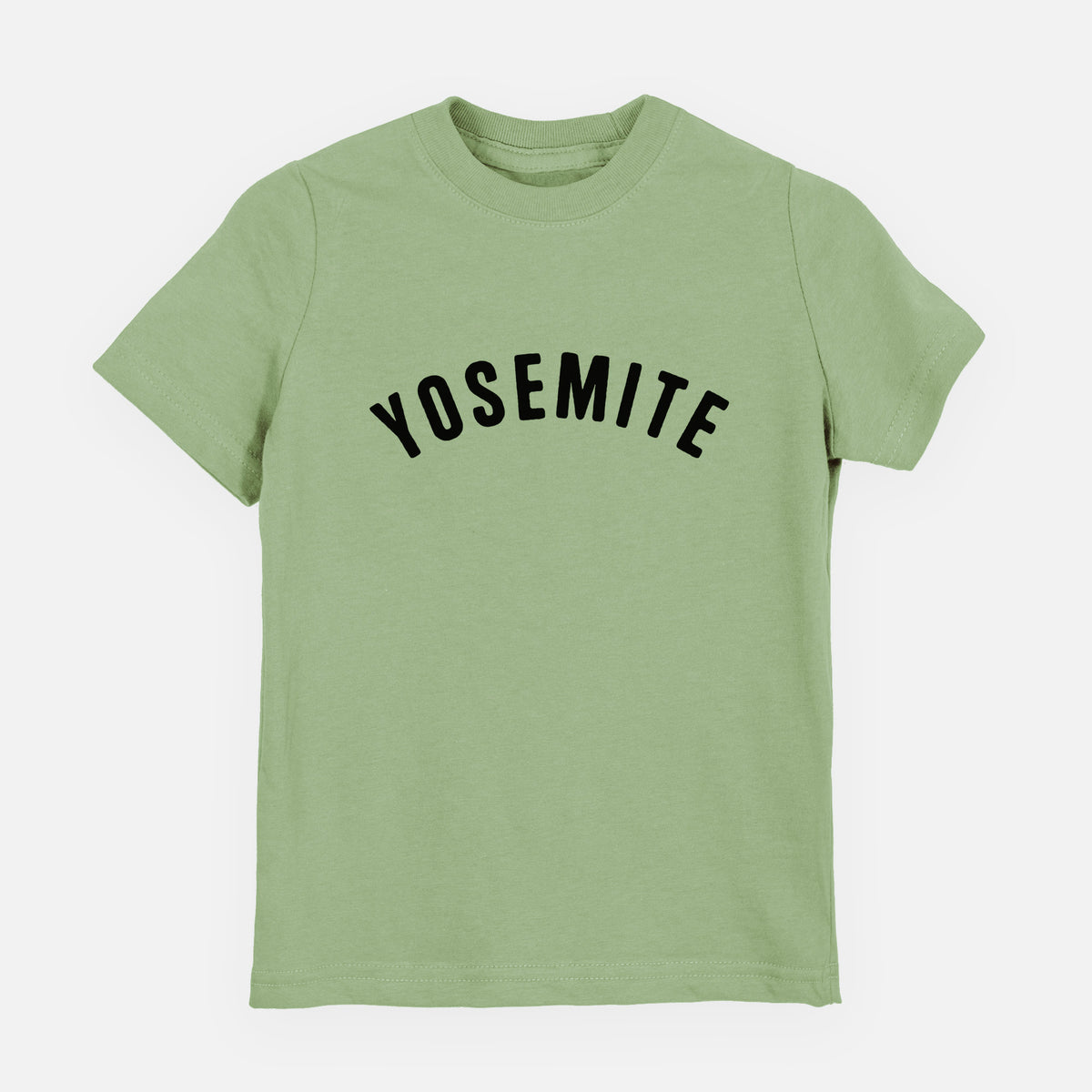 Sage green youth t-shirt laid flat, printed with the word Yosemite in bold black letters arched across the chest.