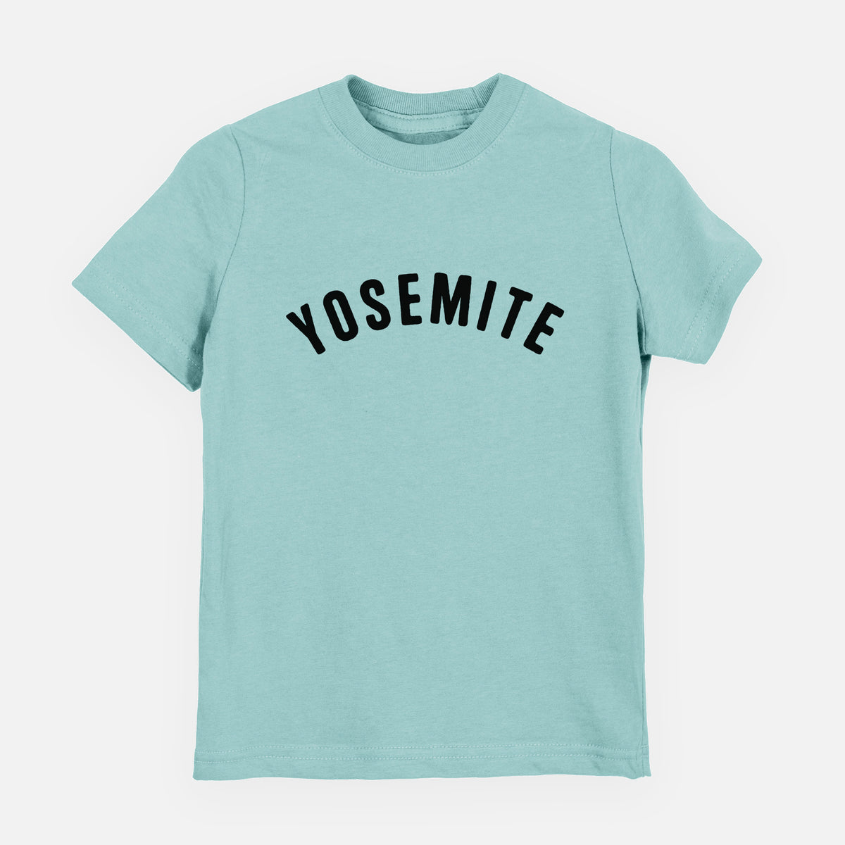 Saltwater youth t-shirt laid flat, printed with the word Yosemite in bold black letters arched across the chest.