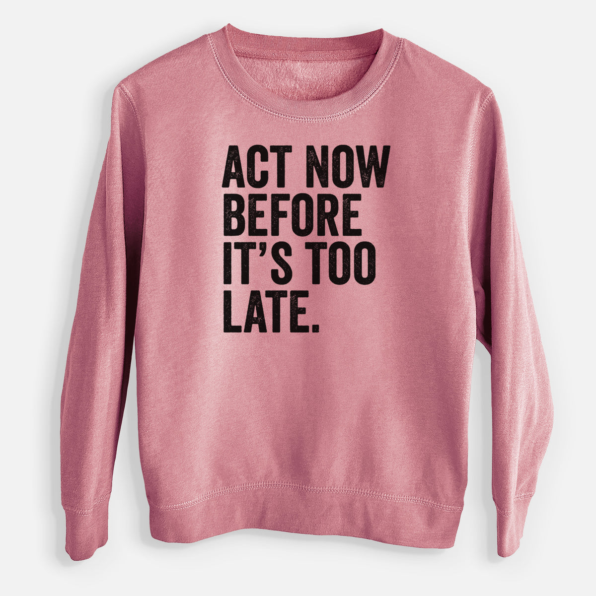 Mauve pink youth crewneck sweatshirt laid flat, printed with bold black words reading Act Now Before It's Too Late.