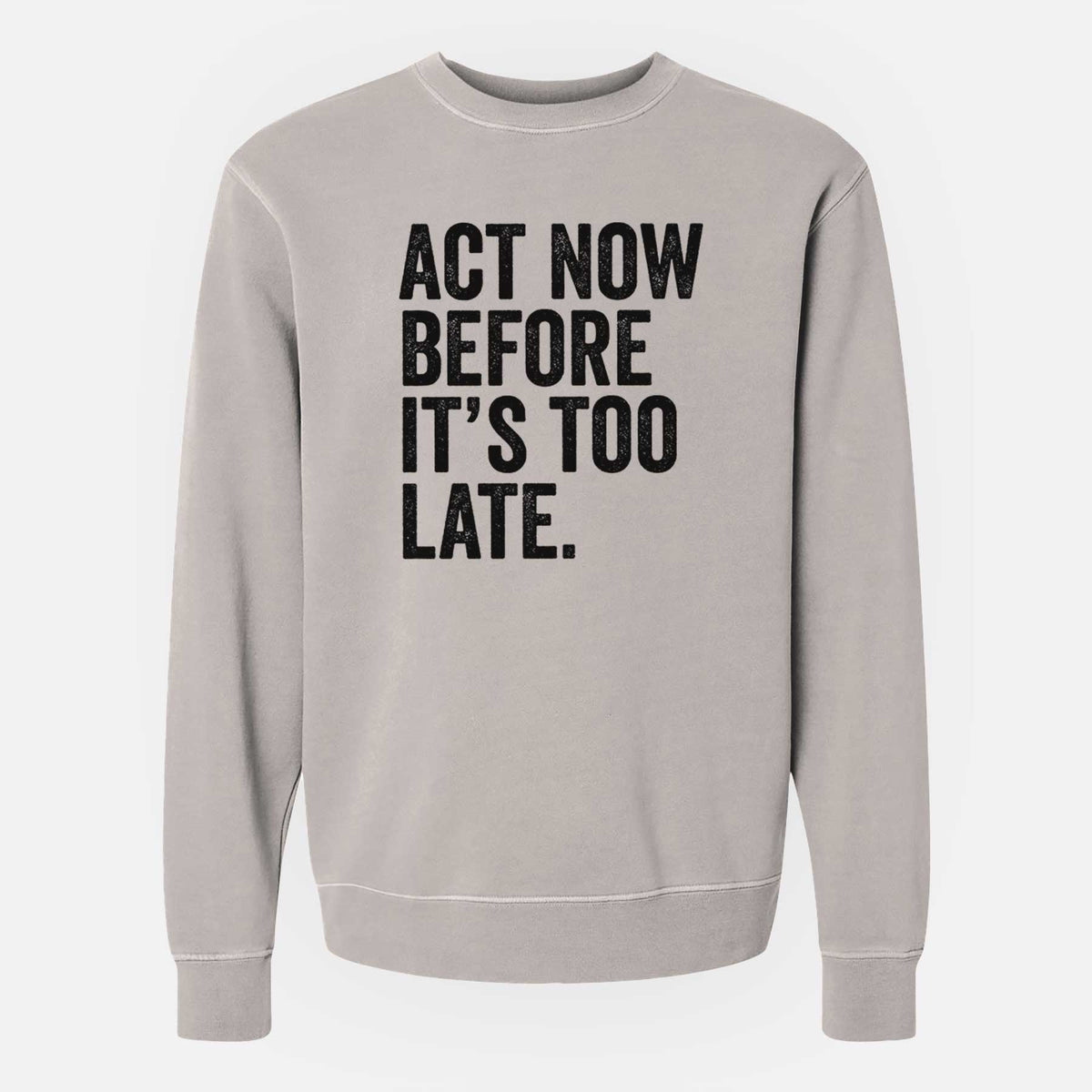 Cement grey pigment dyed crewneck sweatshirt laid flat, printed with bold black words reading Act Now Before It's Too Late.