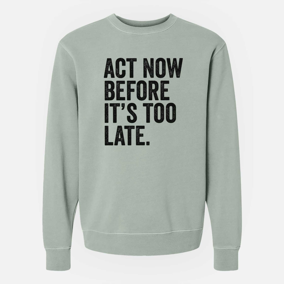 Sage green pigment dyed crewneck sweatshirt laid flat, printed with bold black words reading Act Now Before It's Too Late.
