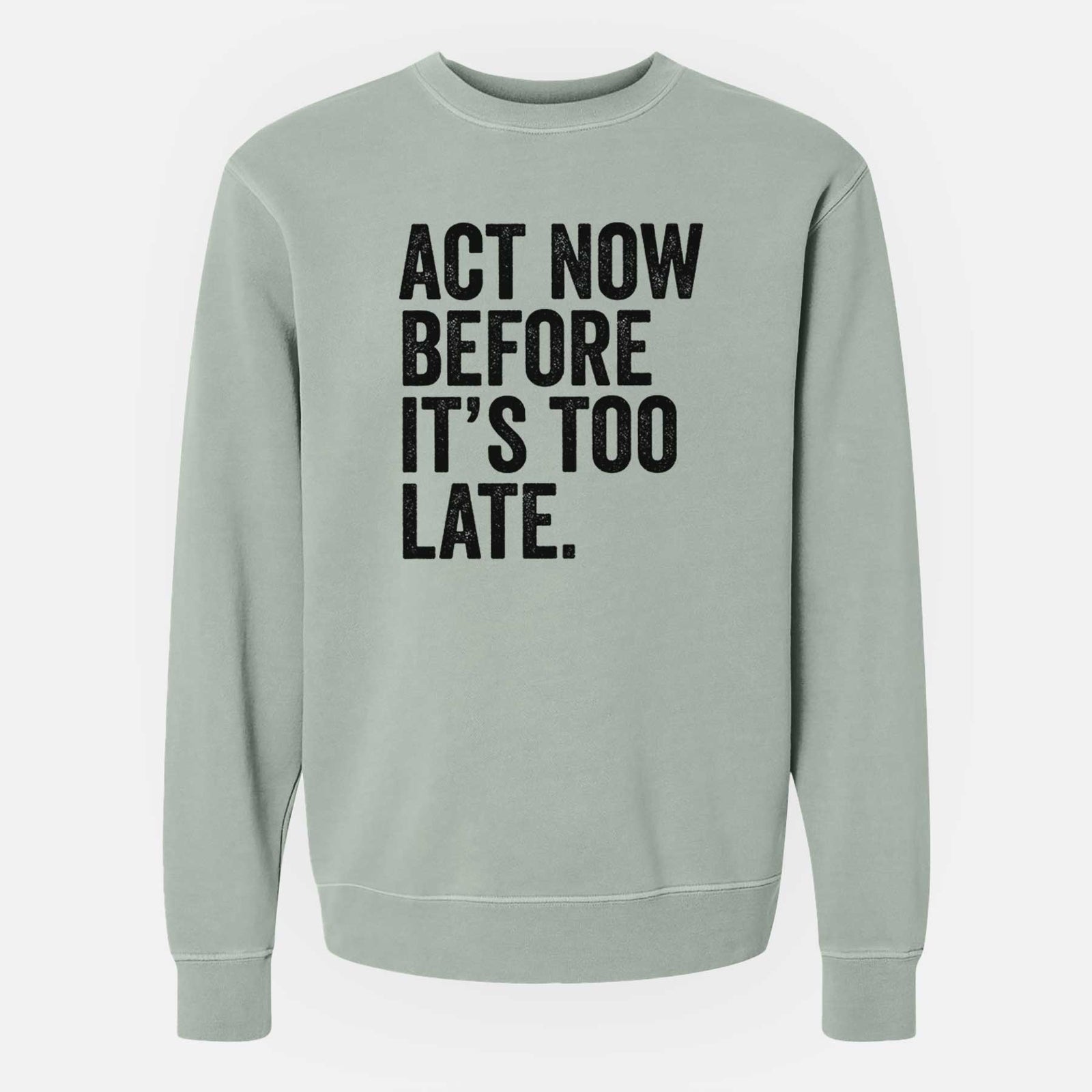 Sage green pigment dyed crewneck sweatshirt laid flat, printed with bold black words reading Act Now Before It's Too Late.