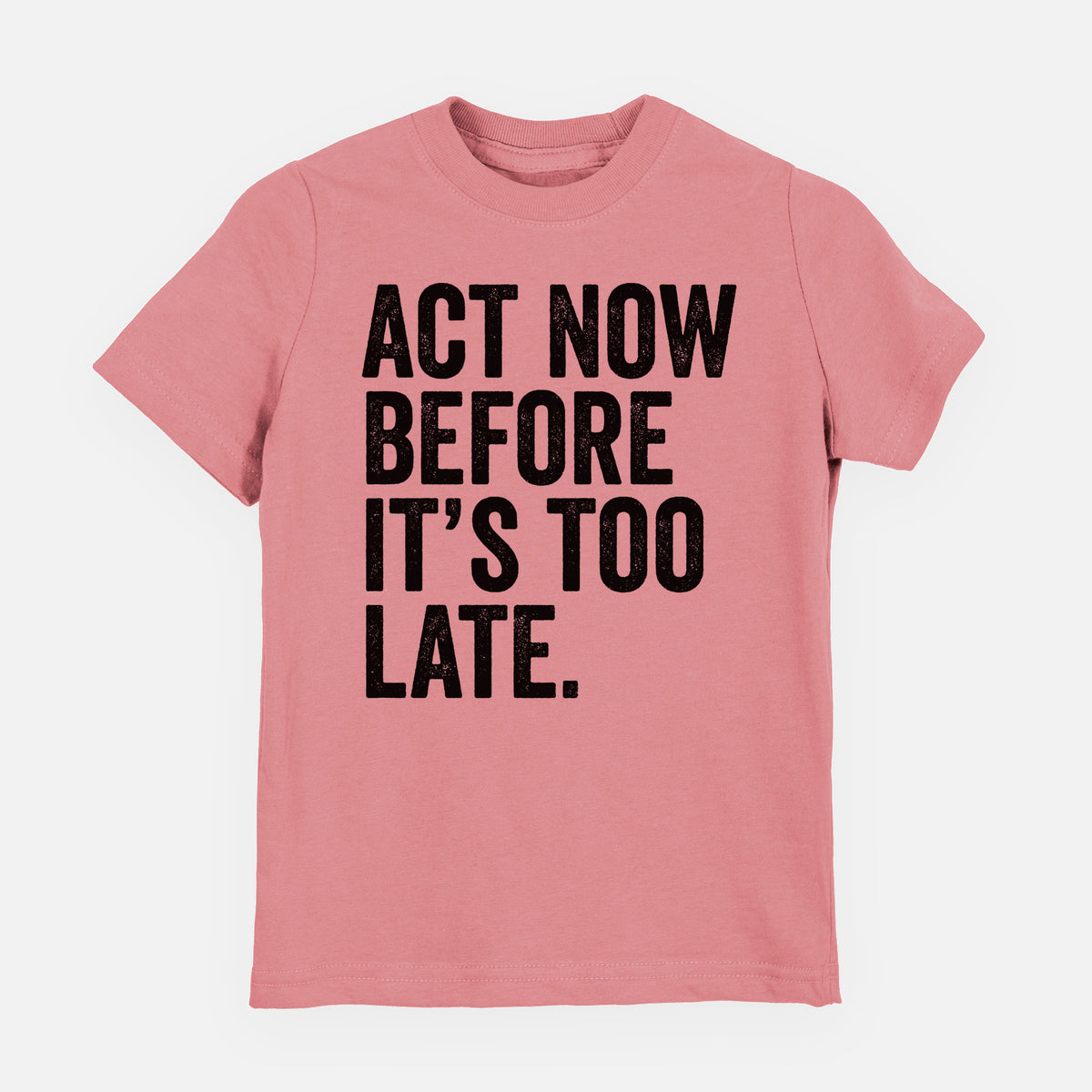 Mauve pink youth t-shirt laid flat, printed with bold black words reading Act Now Before It's Too Late.