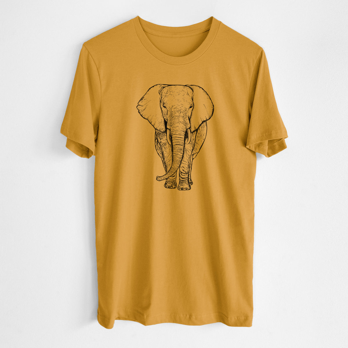 Honeycomb yellow lightweight cotton t-shirt laid flat, printed with a black ink line drawing of an African elephant facing forward with large ears and tusks.