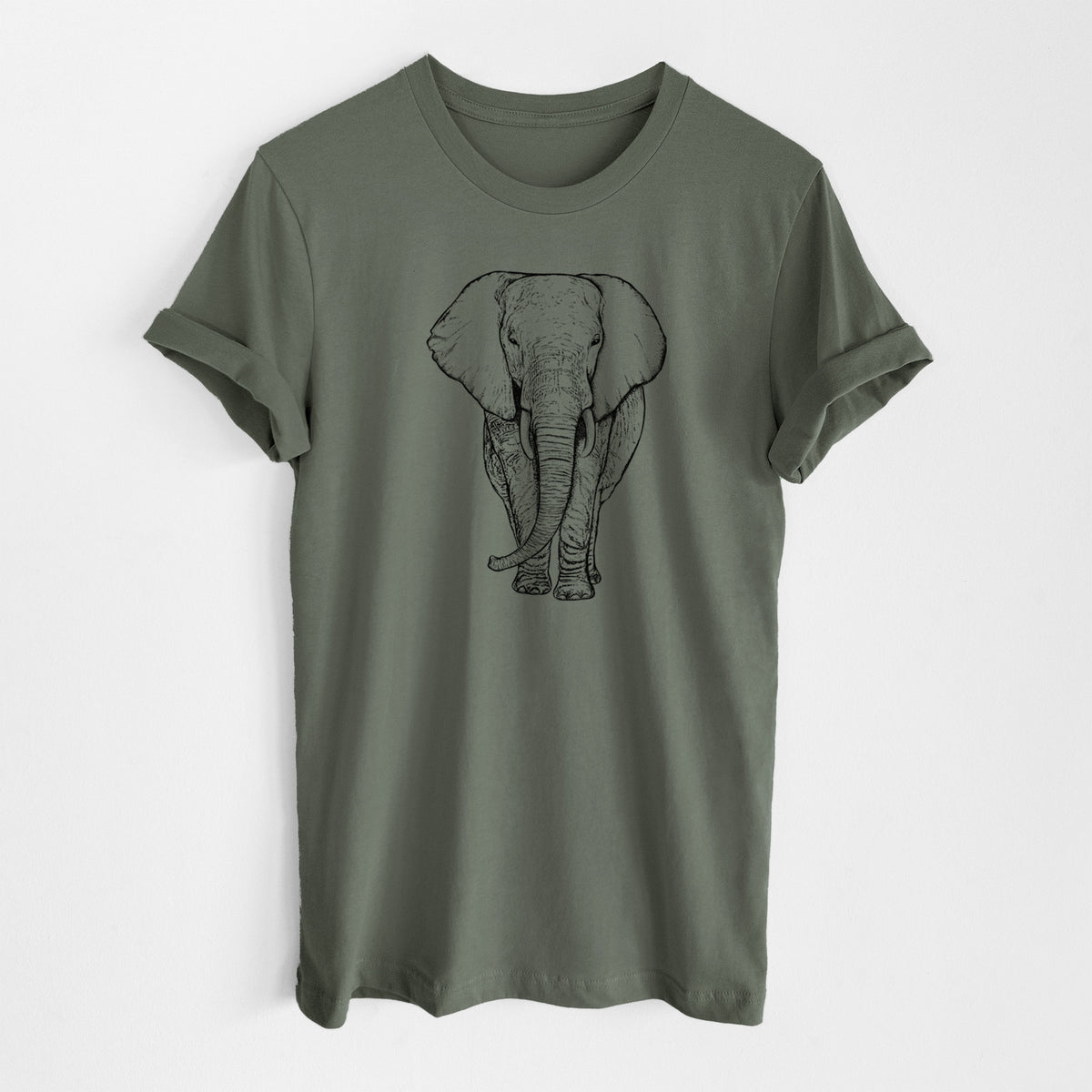 Military green lightweight cotton t-shirt laid flat, printed with a black ink line drawing of an African elephant facing forward with large ears and tusks.