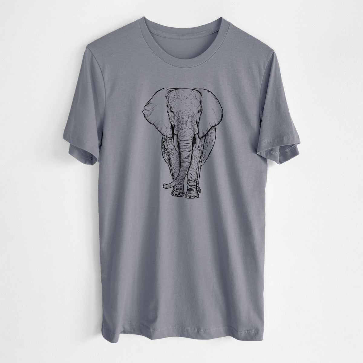 Storm grey lightweight cotton t-shirt laid flat, printed with a black ink line drawing of an African elephant facing forward with large ears and tusks.