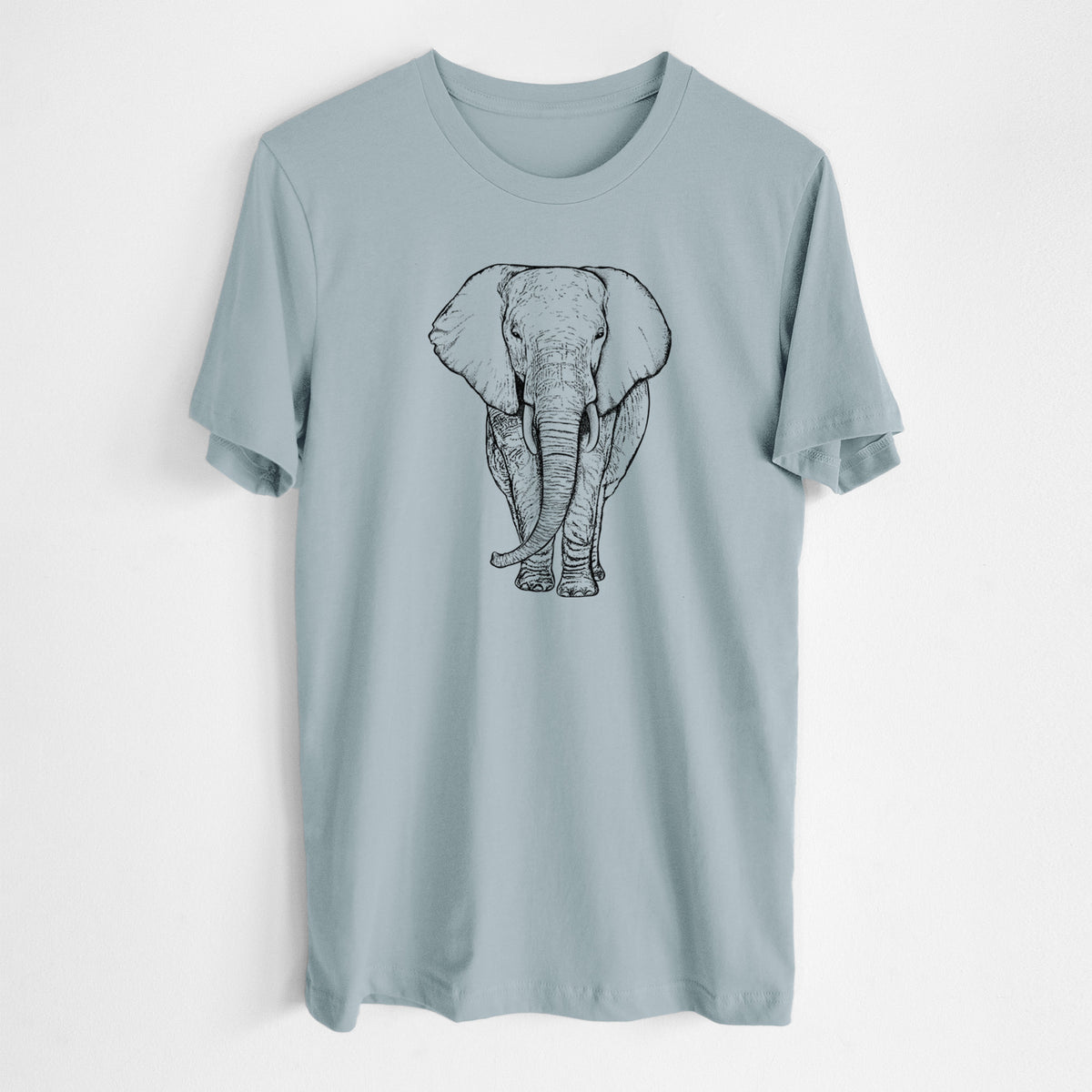 Vintage denim lightweight cotton t-shirt laid flat, printed with a black ink line drawing of an African elephant facing forward with large ears and tusks.