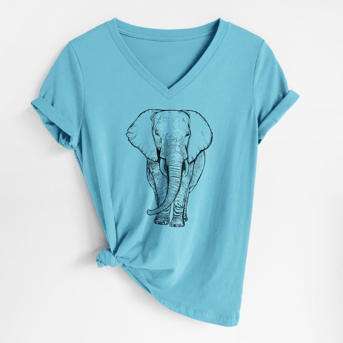 Turquoise women's relaxed fit cotton V-neck t-shirt laid flat, printed with a black ink line drawing of an African elephant facing forward with large ears and tusks.