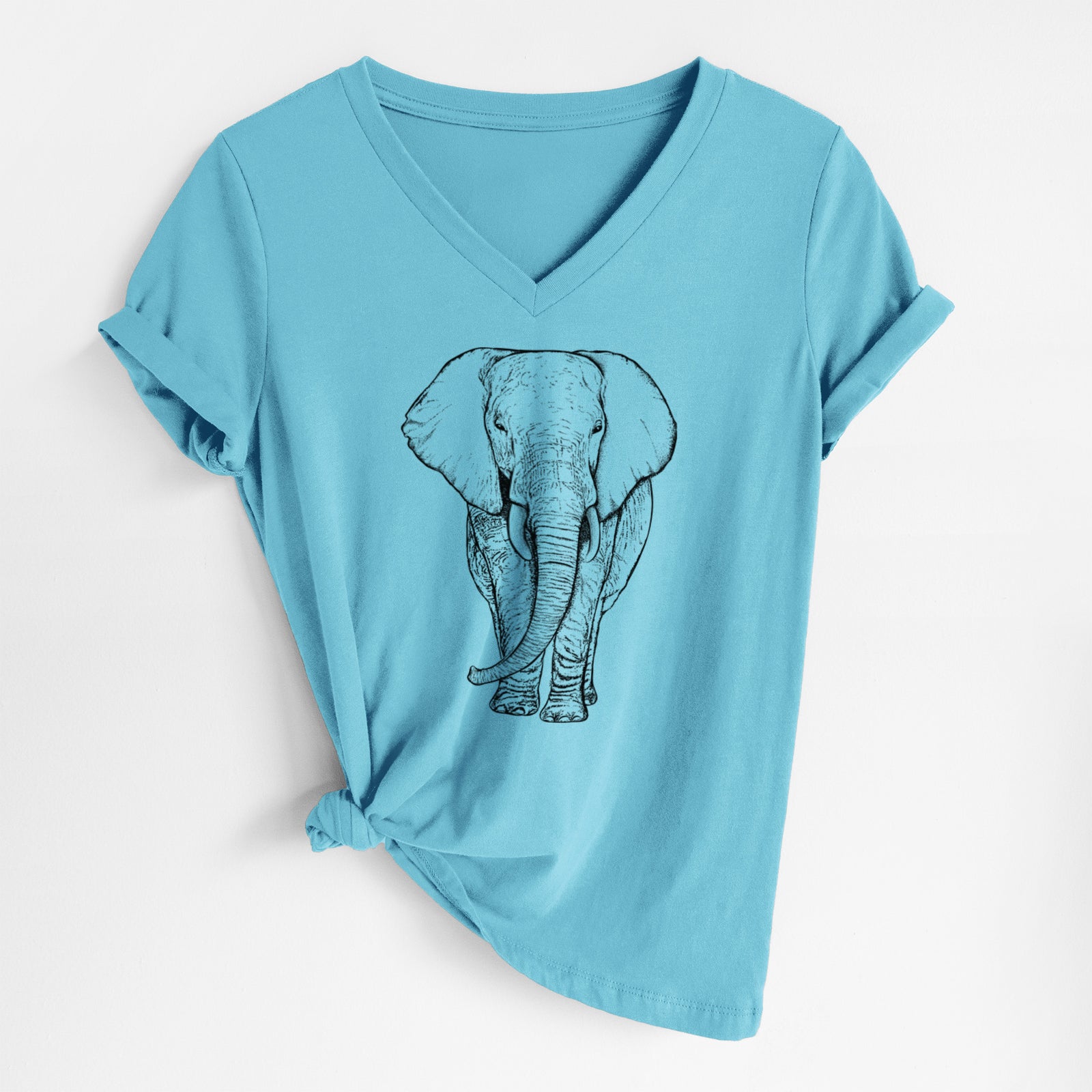 Turquoise women's relaxed fit cotton V-neck t-shirt laid flat, printed with a black ink line drawing of an African elephant facing forward with large ears and tusks.