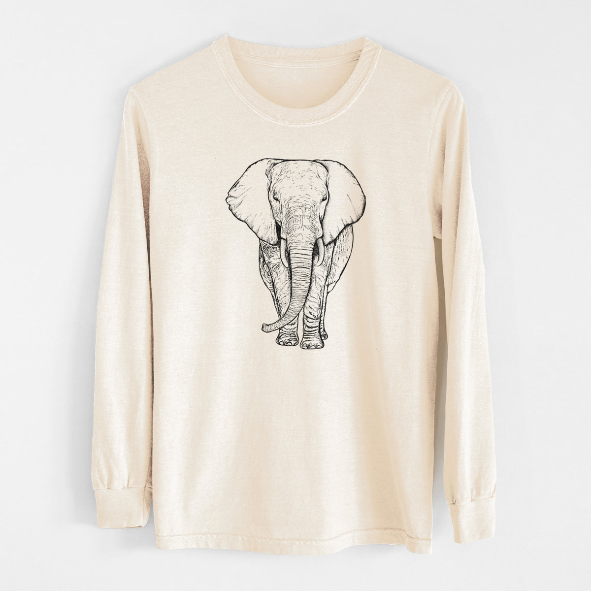Ivory Comfort Colors long sleeve shirt laid flat, printed with a black ink line drawing of an African elephant facing forward with large ears and tusks.