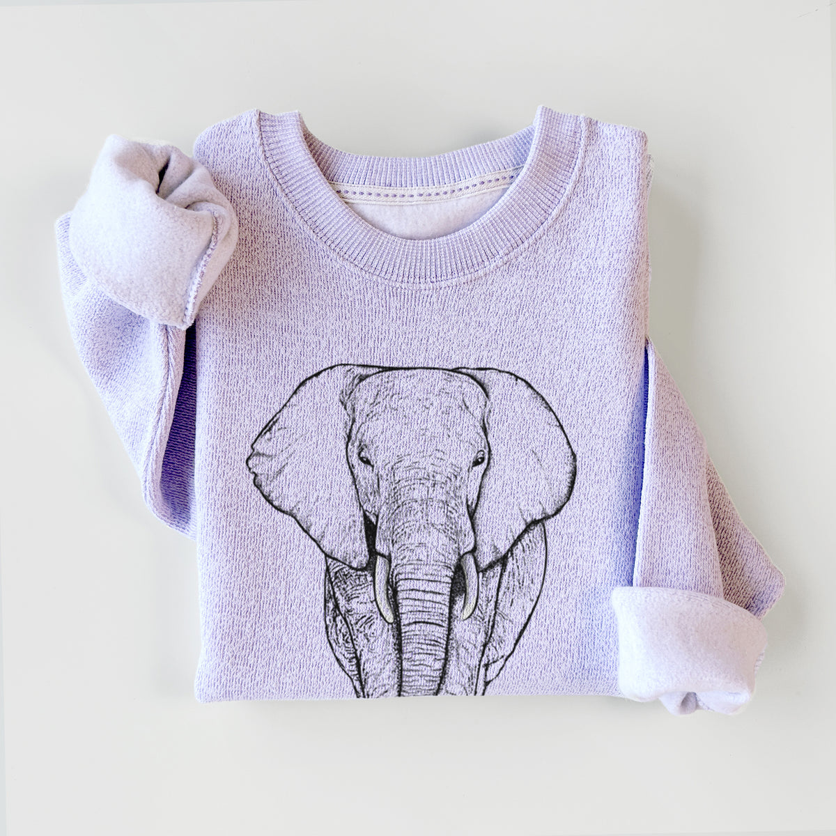 Ice purple knit sweatshirt printed with a black ink line drawing of an African elephant facing forward with large ears and tusks, styled flat.