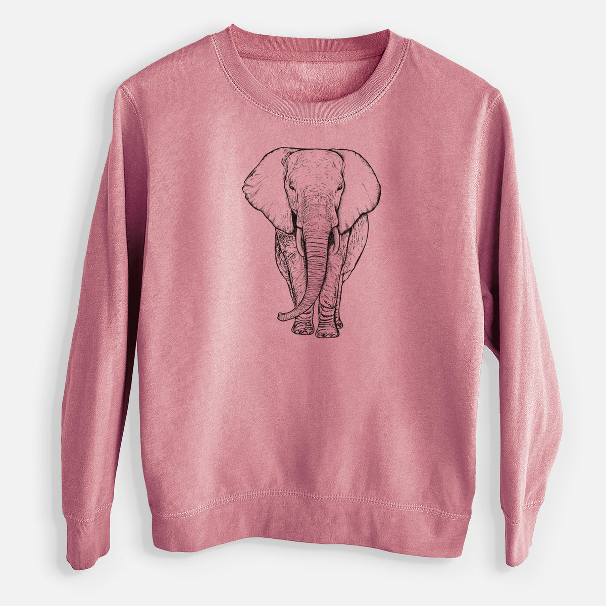 Mauve pink youth crewneck sweatshirt laid flat, printed with a black ink line drawing of an African elephant facing forward with large ears and tusks.