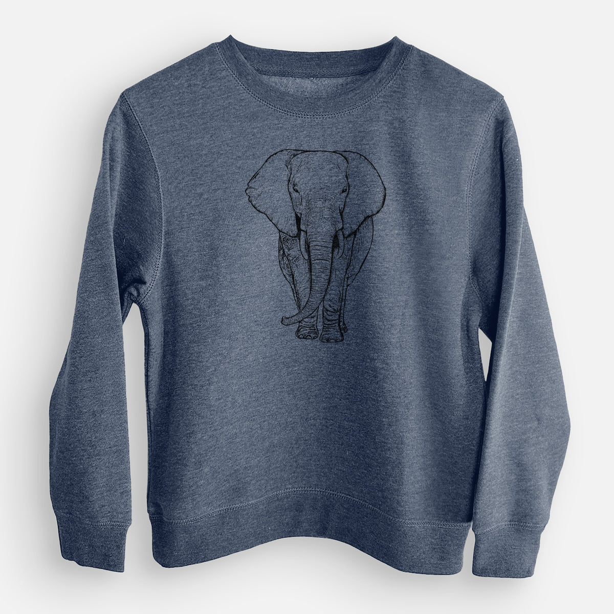 Storm blue youth crewneck sweatshirt laid flat, printed with a black ink line drawing of an African elephant facing forward with large ears and tusks.