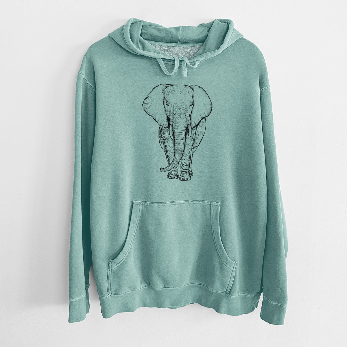 Mint green pigment dyed hoodie laid flat, printed with a black ink line drawing of an African elephant facing forward with large ears and tusks.