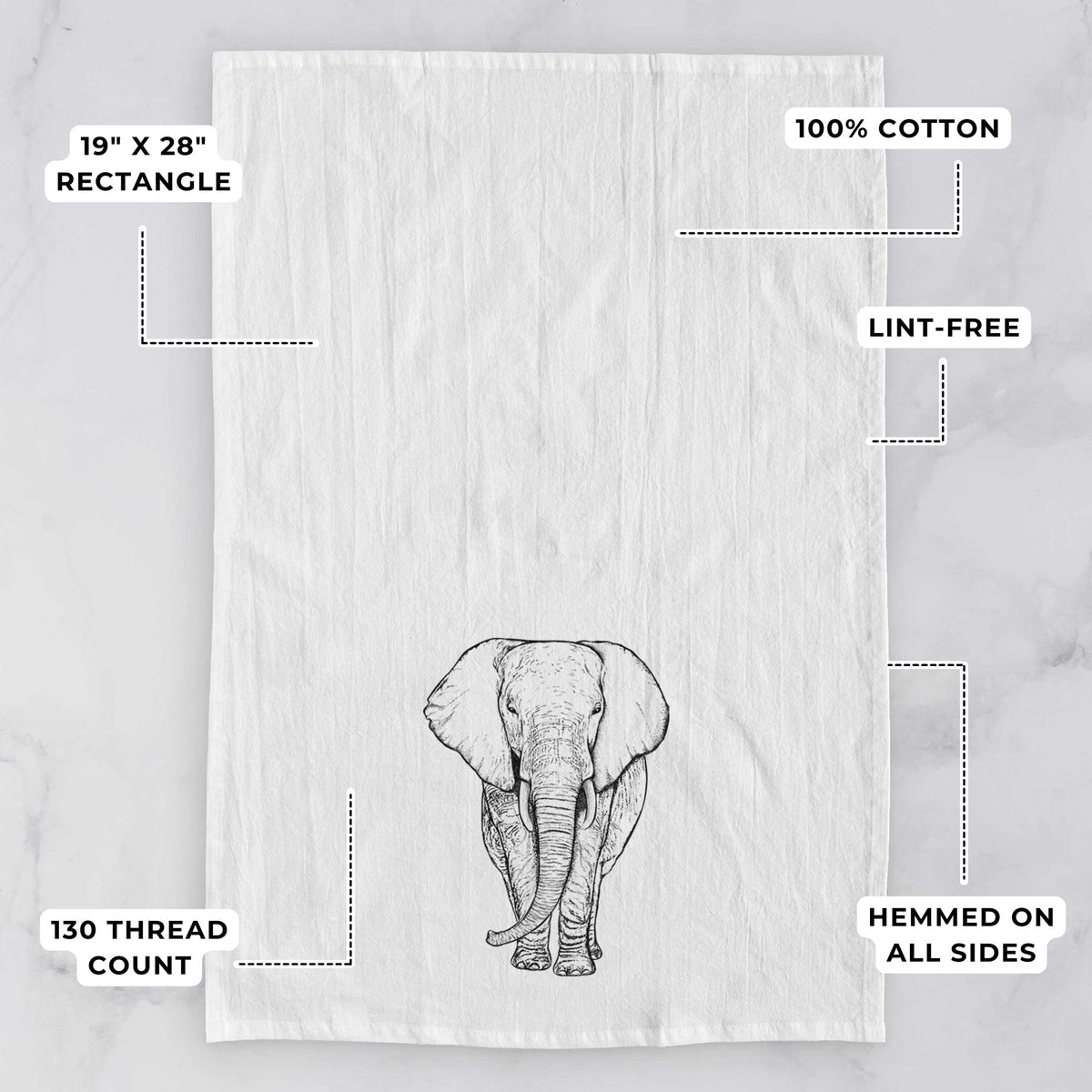 White tea towel printed with a black ink line drawing of an African elephant facing forward with large ears and tusks, with feature labels: 19 by 28 inch rectangle, 100% cotton, lint-free, 130 thread count, hemmed on all sides.