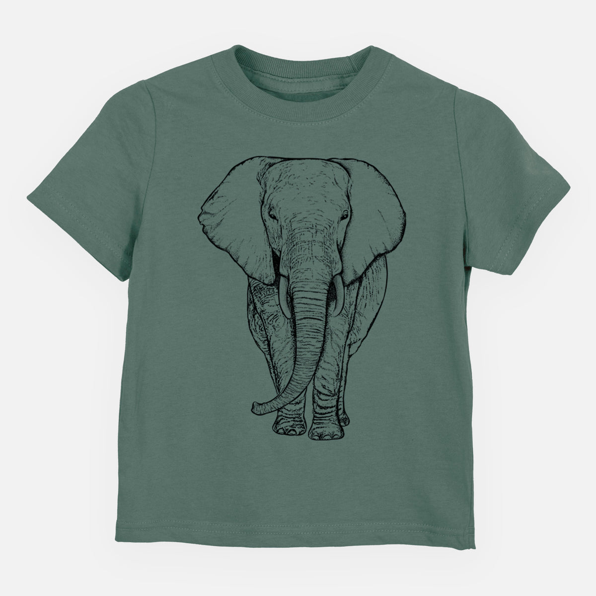Basil green toddler t-shirt laid flat, printed with a black ink line drawing of an African elephant facing forward with large ears and tusks.