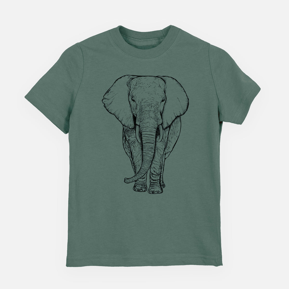 Basil green youth t-shirt laid flat, printed with a black ink line drawing of an African elephant facing forward with large ears and tusks.